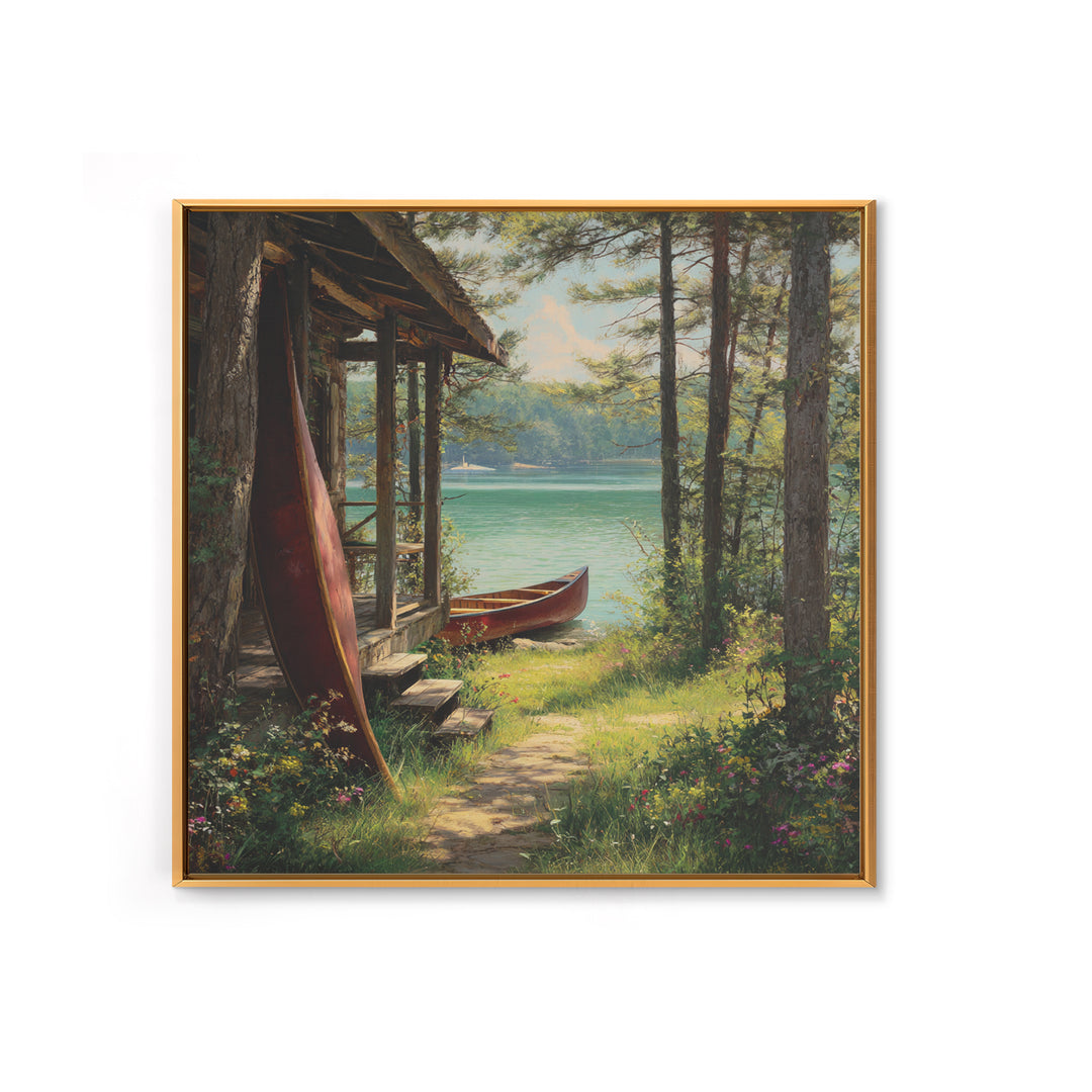 Lakeside Cabin With Red Canoes Framed Canvas Print, Rustic Lake House Wall Art, Cozy Nature Decor, Peaceful Getaway Gift
