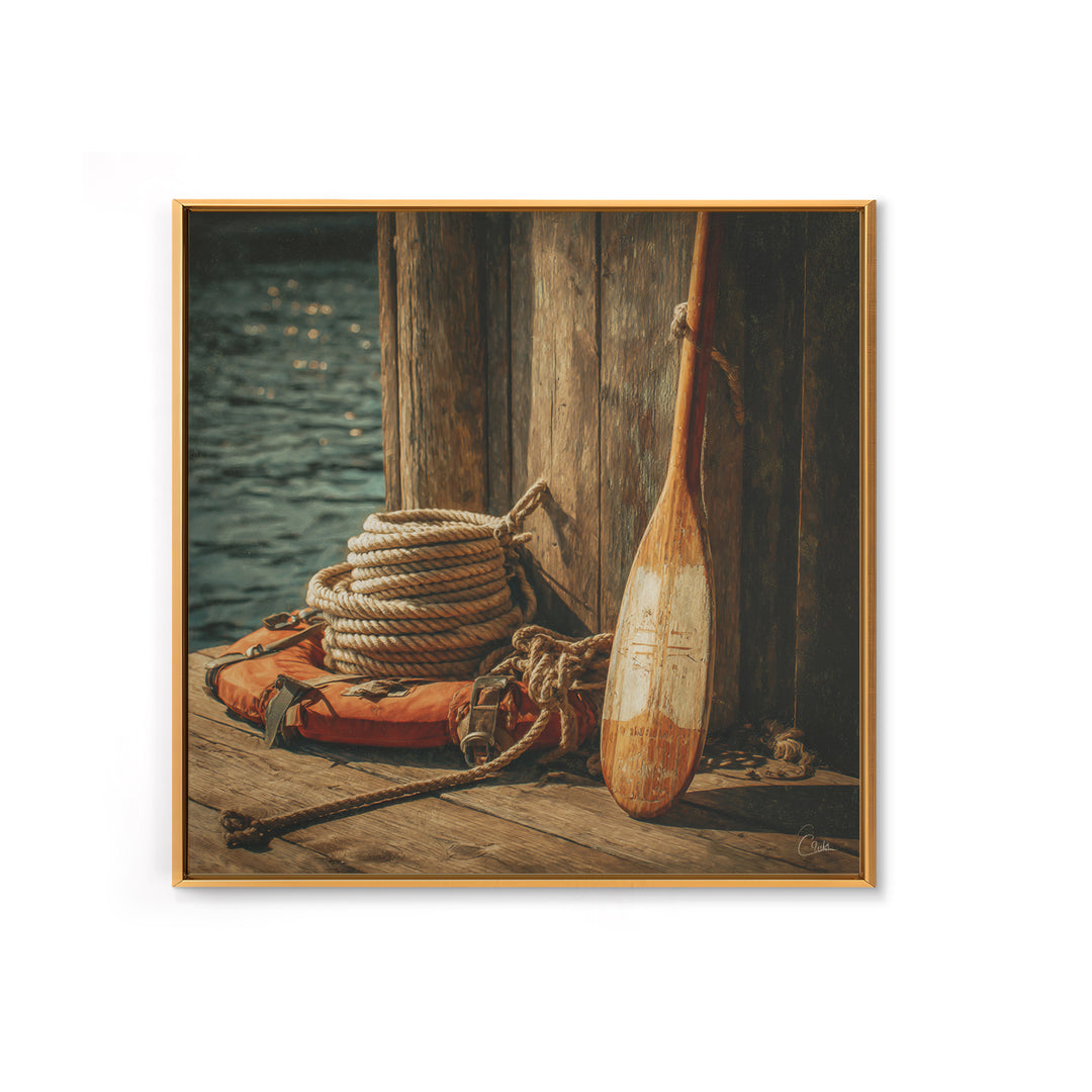 Weathered Oar And Coiled Rope Canvas Print, Nautical Wall Art, Rustic Coastal Decor, Seaside Lake House Gift For Boat Lovers