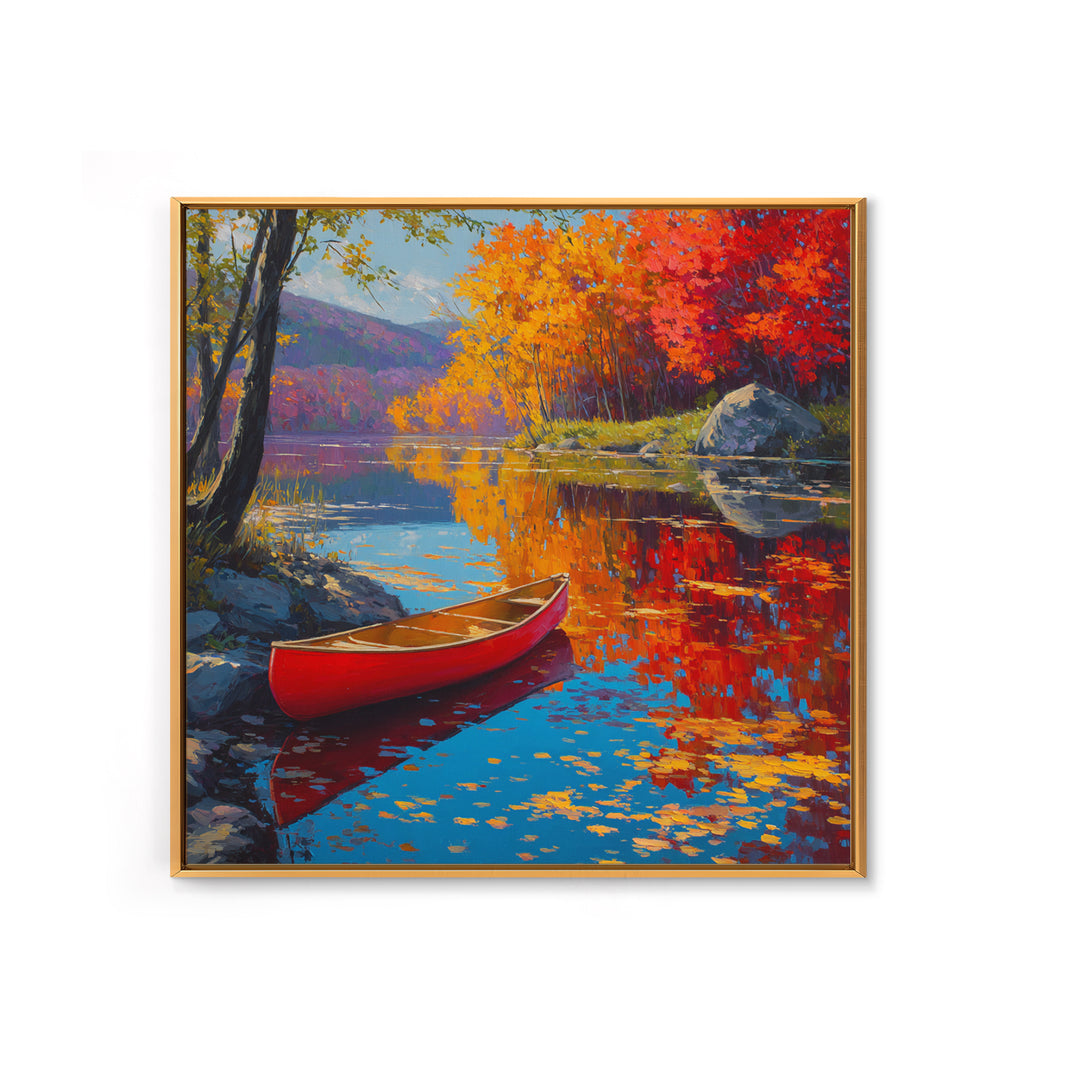 Red Canoe On Autumn Lake Wall Art, Colorful Fall Landscape Painting, Cabin Decor, Nature Wall Art, Housewarming Gift, Large Canvas Print