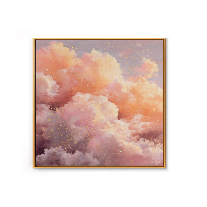 Blush Pink Celestial Clouds With Golden Stars Wall Art, Dreamy Sky Canvas, Pastel Bedroom Decor, Nursery Gift, Ethereal Home Decor