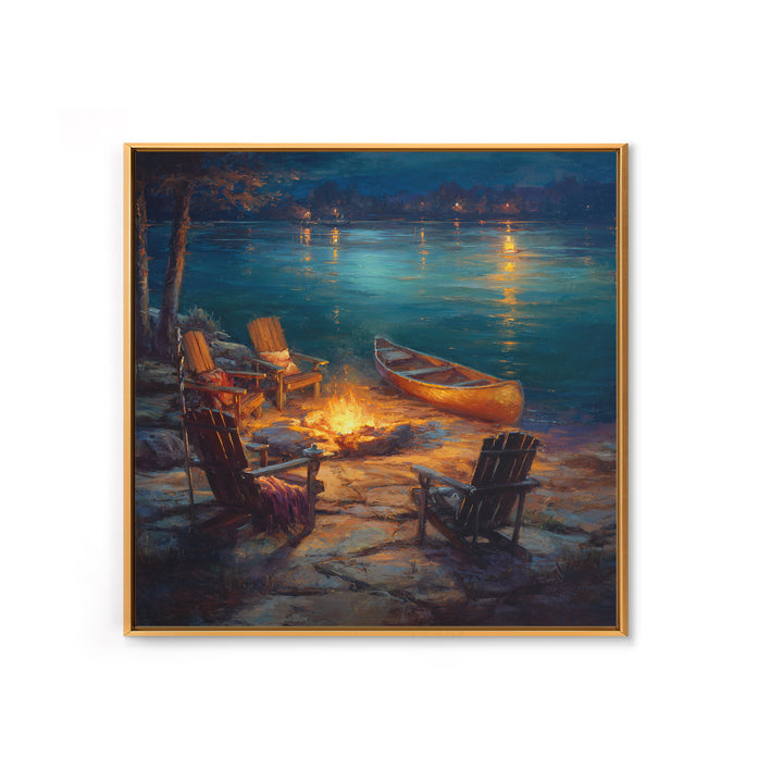 Lakeside Campfire Adirondack Chairs Wall Art, Canoe Night Lake Canvas Print, Cabin Decor, Rustic Housewarming Gift For Lake House