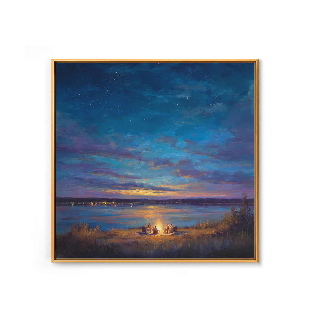 Starry Lakeside Campfire Canvas Print, Moody Night Sky Landscape Art, Cabin Wall Decor, Cozy Living Room Art, Housewarming Gift