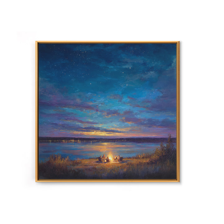 Starry Lakeside Campfire Canvas Print, Moody Night Sky Landscape Art, Cabin Wall Decor, Cozy Living Room Art, Housewarming Gift