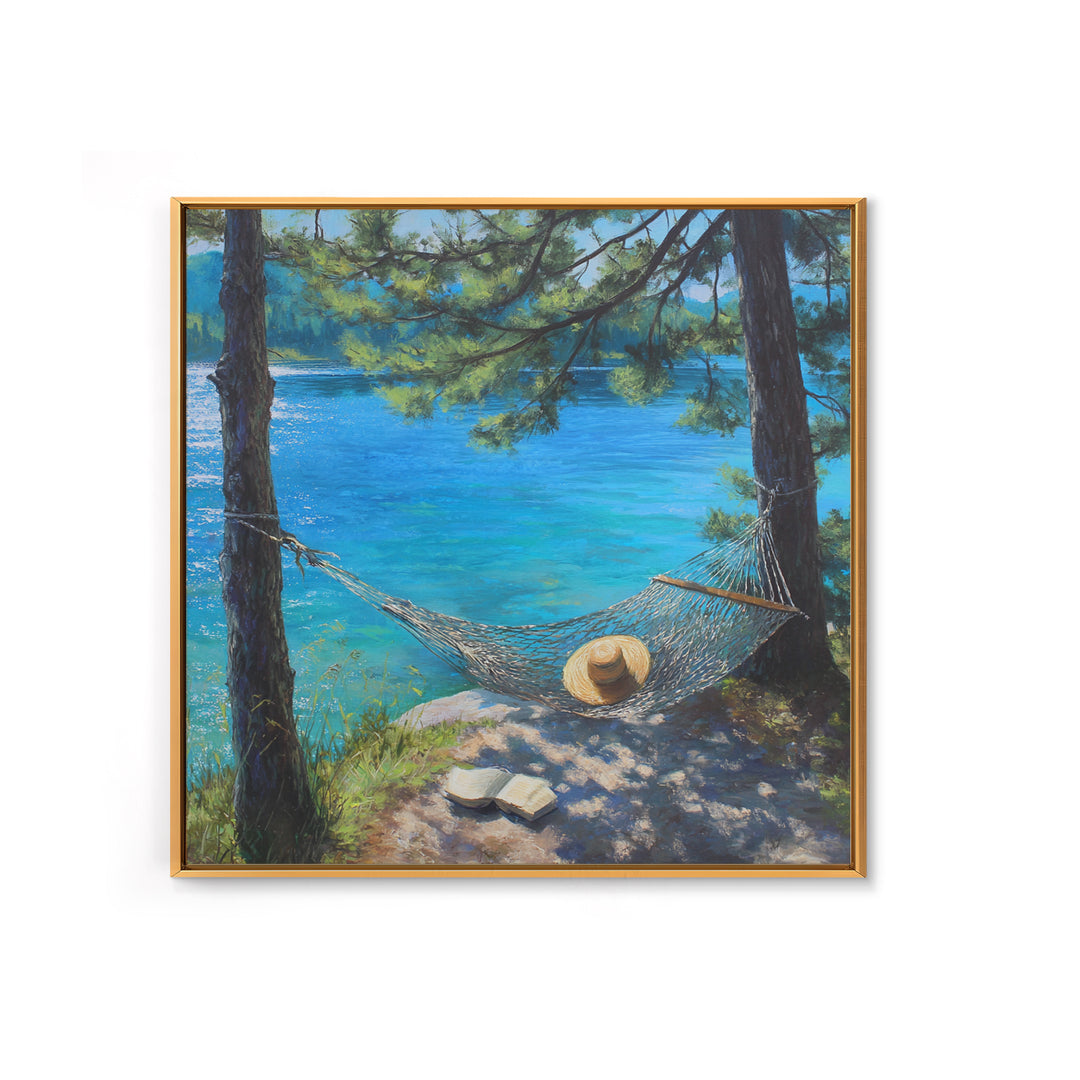 Pine Lake Hammock Reading Nook Wall Art, Coastal Lake House Decor, Peaceful Nature Canvas Print, Relaxing Bedroom Art Gift