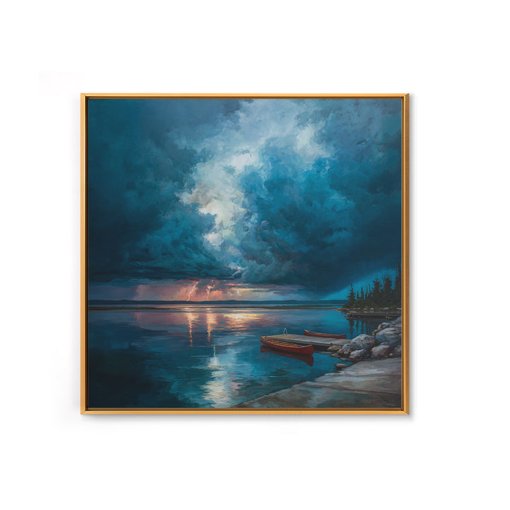 Moody Storm Over Lake With Canoes Canvas Print, Blue Seascape Wall Art, Dramatic Lightning Landscape, Cabin Decor, Nature Gift