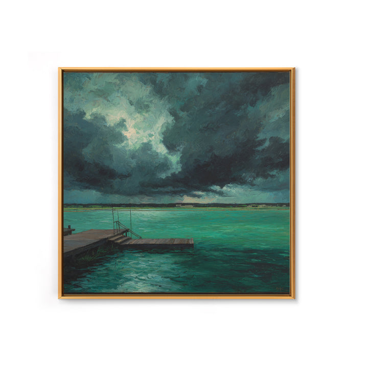 Stormy Turquoise Lake Dock And Dark Clouds Canvas Print, Moody Landscape Art, Coastal Wall Decor, Office Wall Art Gift For Him