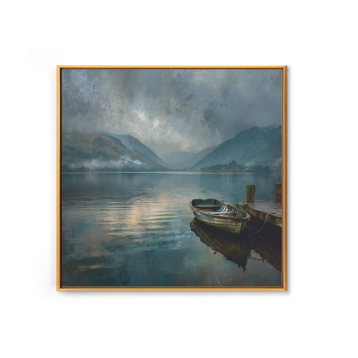 Moody Mountain Lake With Old Boat Wall Art, Misty Landscape Framed Canvas Print, Rustic Cabin Living Room Decor Housewarming Gift
