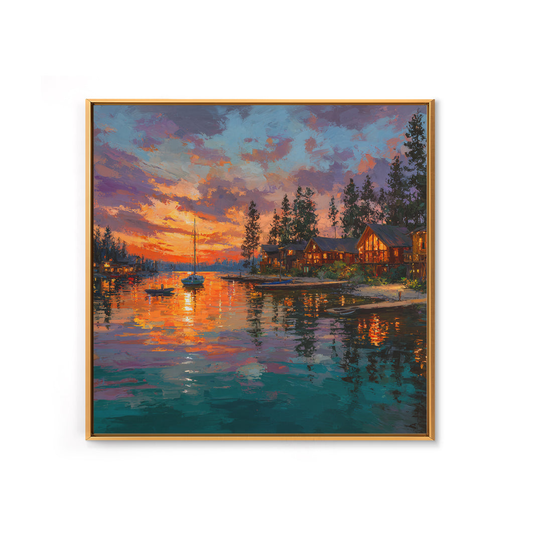 Glowing Lakeside Cabins At Sunset Wall Art, Coastal Landscape Canvas Print, Lake House Decor, Rustic Cabin Living Room Art