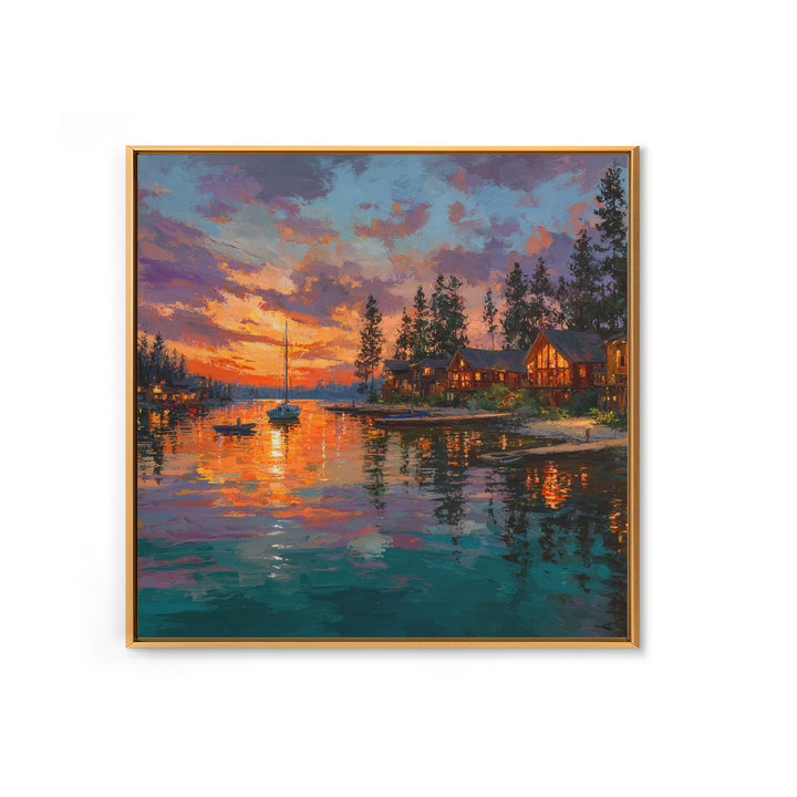 Glowing Lakeside Cabins At Sunset Wall Art, Coastal Landscape Canvas Print, Lake House Decor, Rustic Cabin Living Room Art