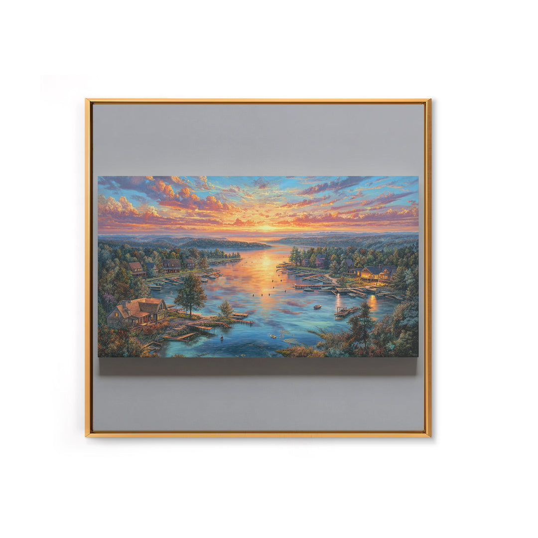 Sunset Lake Village Framed Canvas Print, Panoramic Landscape Wall Art, Coastal Cabin Decor, Large Living Room Art, Housewarming Gift