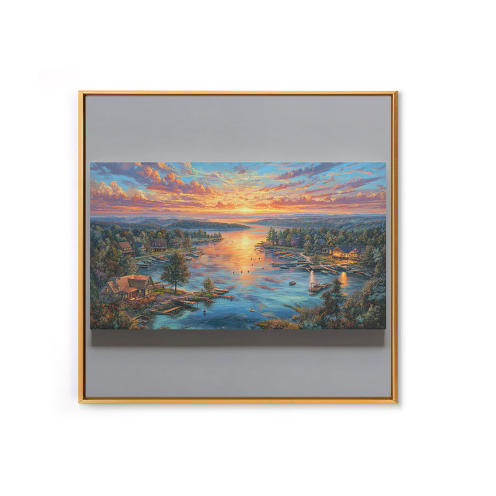 Sunset Lake Village Framed Canvas Print, Panoramic Landscape Wall Art, Coastal Cabin Decor, Large Living Room Art, Housewarming Gift