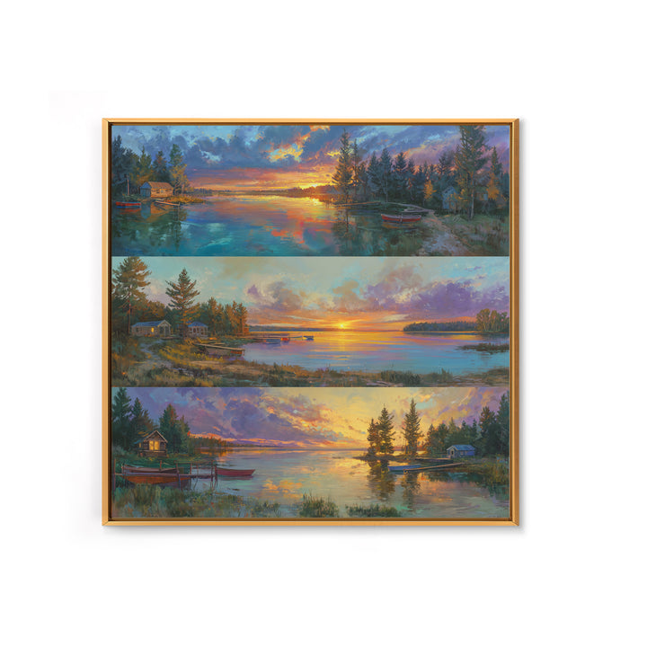 Three Serene Lake Sunset Panels Canvas Print, Panoramic Landscape Wall Art, Cabin Decor, Coastal Living Room Prints, Lake House Art