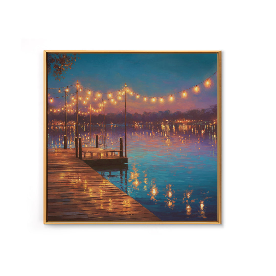 Twilight Lake Dock Lights Wall Art, Romantic Waterfront Canvas Print, Cozy Living Room Decor, Lake House Decor Gift For Her