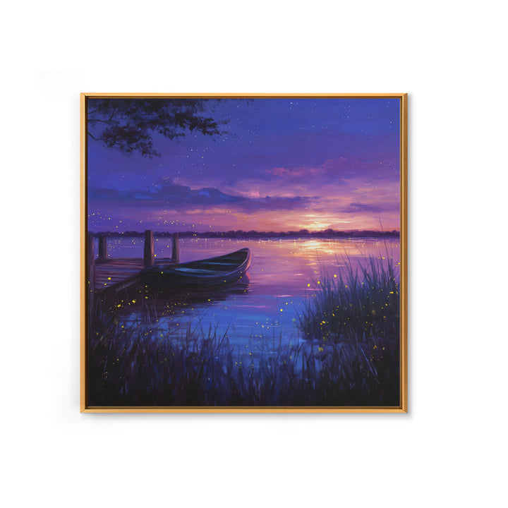 Twilight Lake With Boat And Fireflies Painting Wall Art, Dreamy Night Landscape Print, Romantic Nature Bedroom Decor