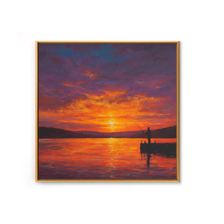 Fisherman At Fiery Sunset Wall Art, Serene Lake Landscape Canvas Print, Rustic Cabin Decor, Peaceful Nature Living Room Wall Art