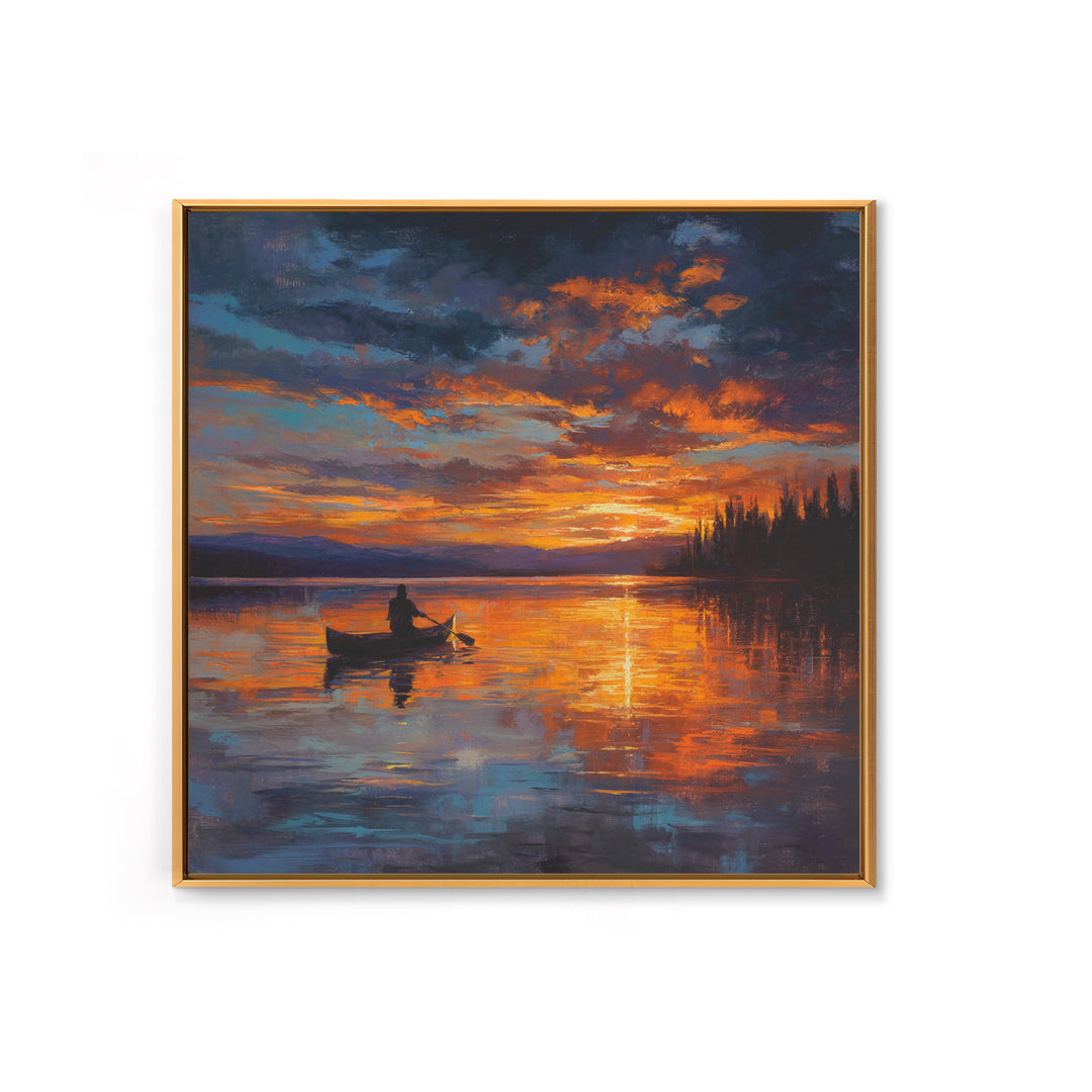 Canoe On Fiery Lake Sunset Framed Canvas Print, Impressionist Landscape Wall Art For Cozy Living Room Or Cabin Home Decor