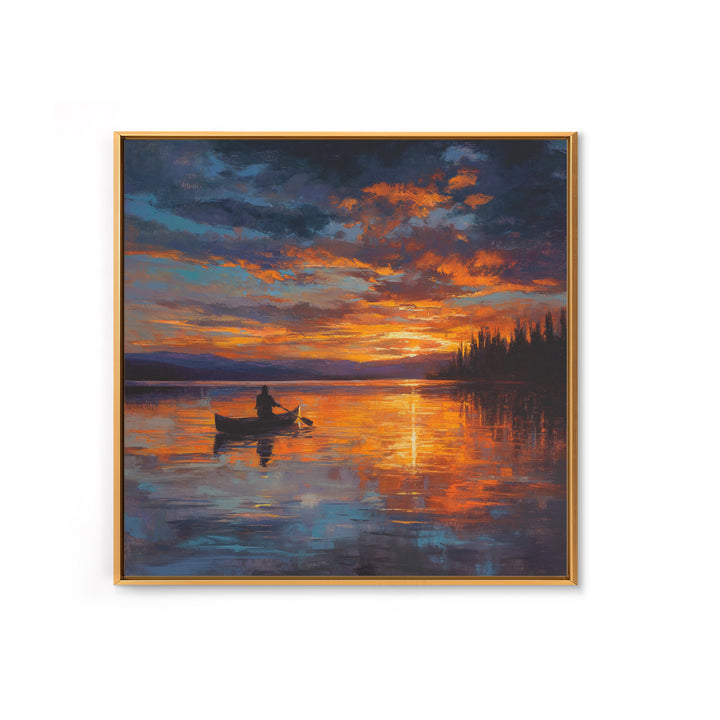 Canoe On Fiery Lake Sunset Framed Canvas Print, Impressionist Landscape Wall Art For Cozy Living Room Or Cabin Home Decor