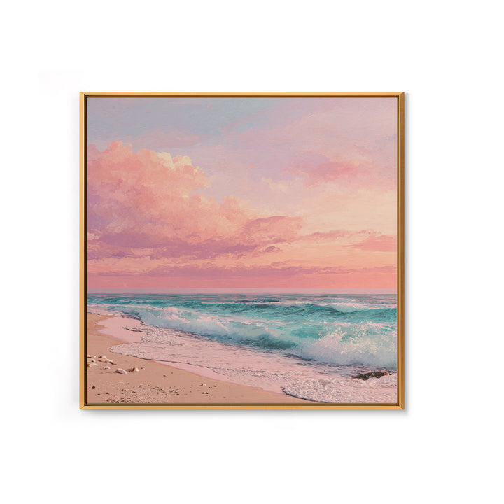 Pink Ocean Waves At Sunset Canvas Print, Pastel Coastal Wall Art, Beach House Decor, Large Living Room Wall Decor, Serene Seascape