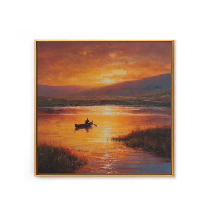 Golden Canoe At Sunset Lake Landscape Wall Art Canvas Print For Living Room Decor, Calming Nature Painting Home Decor