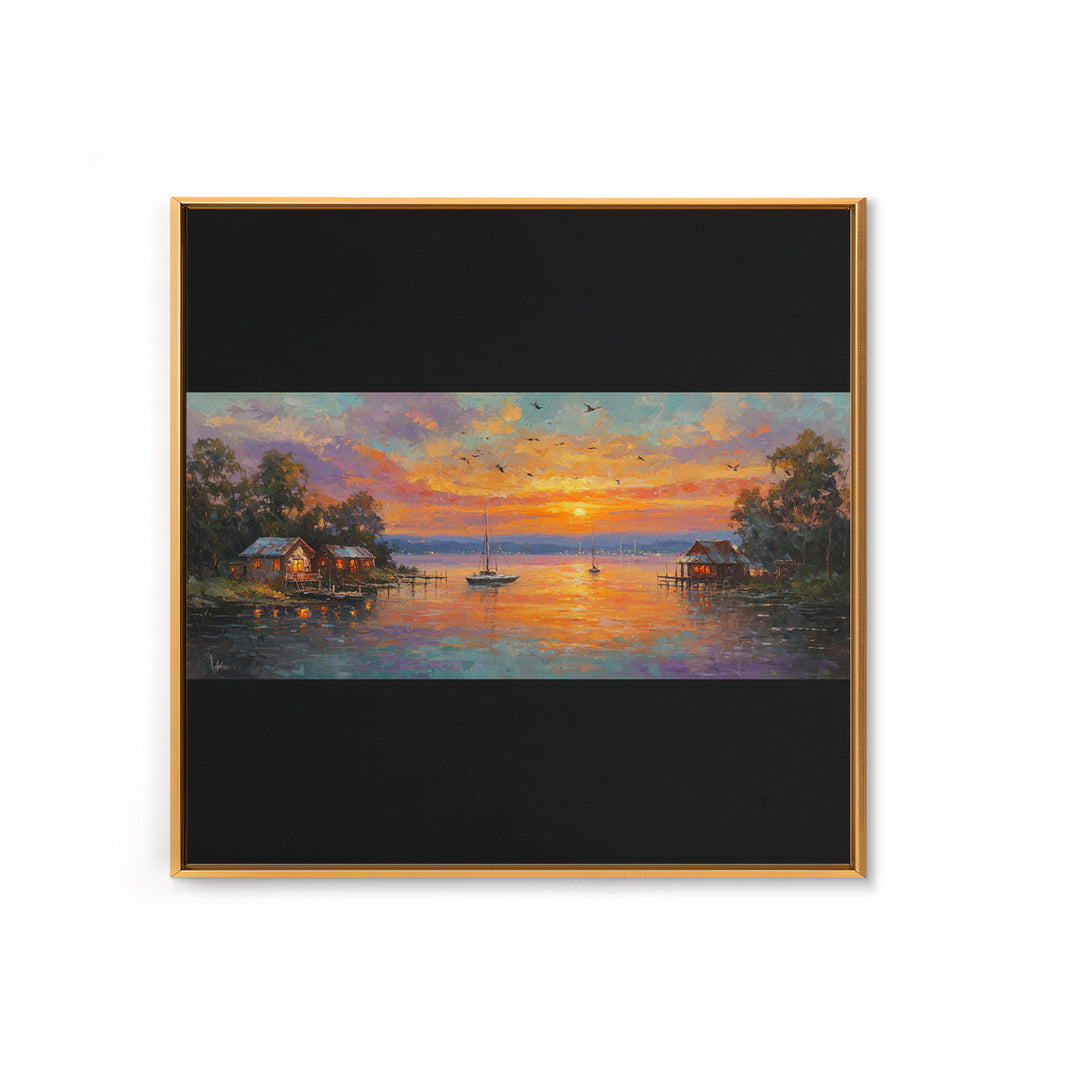 Sunset Lake Houses Palette Knife Painting Panoramic Wall Art Large Horizontal Canvas Print Coastal Wall Decor