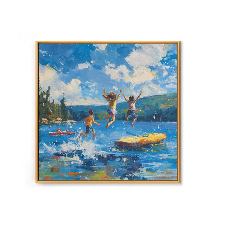 Kids Jumping Off Dock Lake Day Wall Art, Colorful Impressionist Summer Canvas Print, Playful Lake House Painting For Family Room Or Nursery