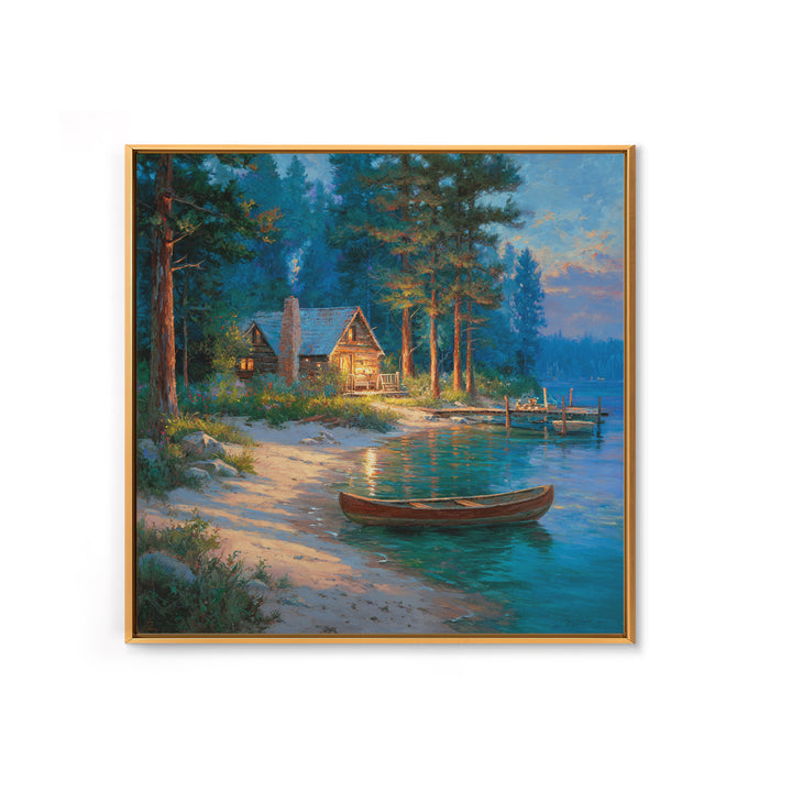 Cozy Lakeside Cabin At Dusk Landscape Wall Art Print, Rustic Lake House Home Decor, Nature Painting Living Room Wall Art