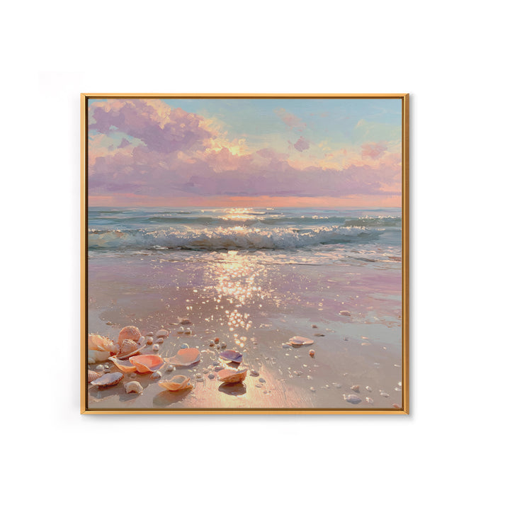 Sparkling Seashell Beach Sunrise Framed Canvas Print, Coastal Wall Art, Ocean Waves, Nautical Living Room Decor, Beach House Gift