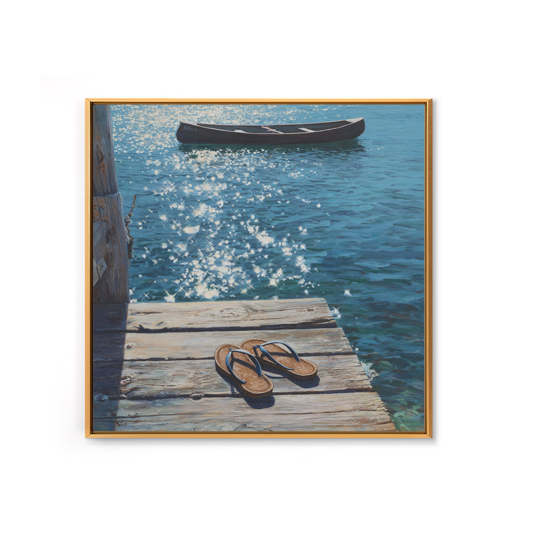 Sparkling Lake Dock With Boat Realism Wall Art, Coastal Summer Canvas Print, Beach House Decor Relaxing Ocean Lake Scene