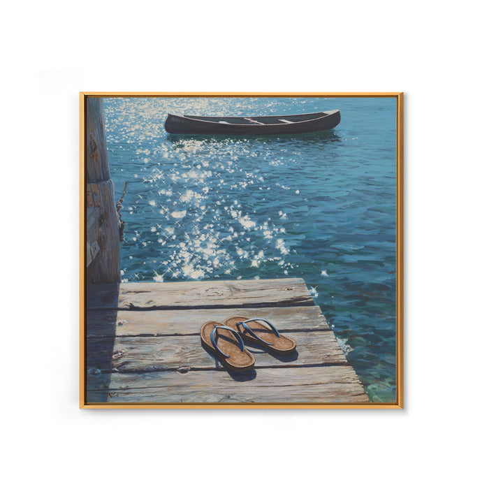 Sparkling Lake Dock With Boat Realism Wall Art, Coastal Summer Canvas Print, Beach House Decor Relaxing Ocean Lake Scene