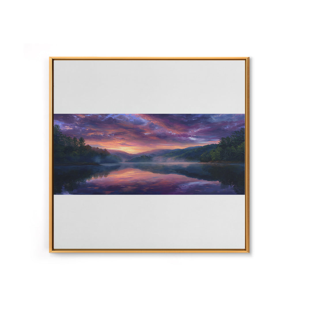 Panoramic Lake Sunset Landscape Wall Art, Reflective Sky Canvas Print, Calming Extra Wide Over Sofa Decor