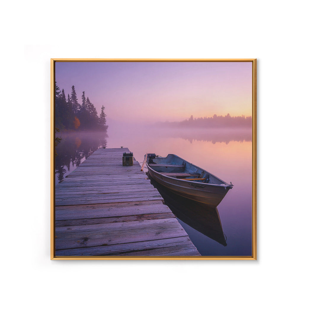 Serene Misty Lake Dock Wall Art, Calming Boat Landscape Canvas Print, Minimalist Nature Photography, Lake House Decor