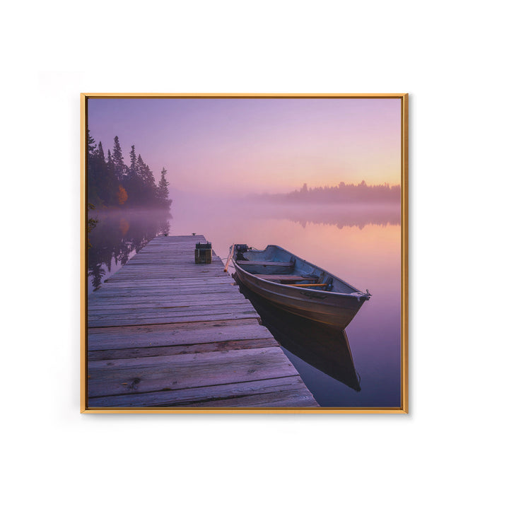 Serene Misty Lake Dock Wall Art, Calming Boat Landscape Canvas Print, Minimalist Nature Photography, Lake House Decor