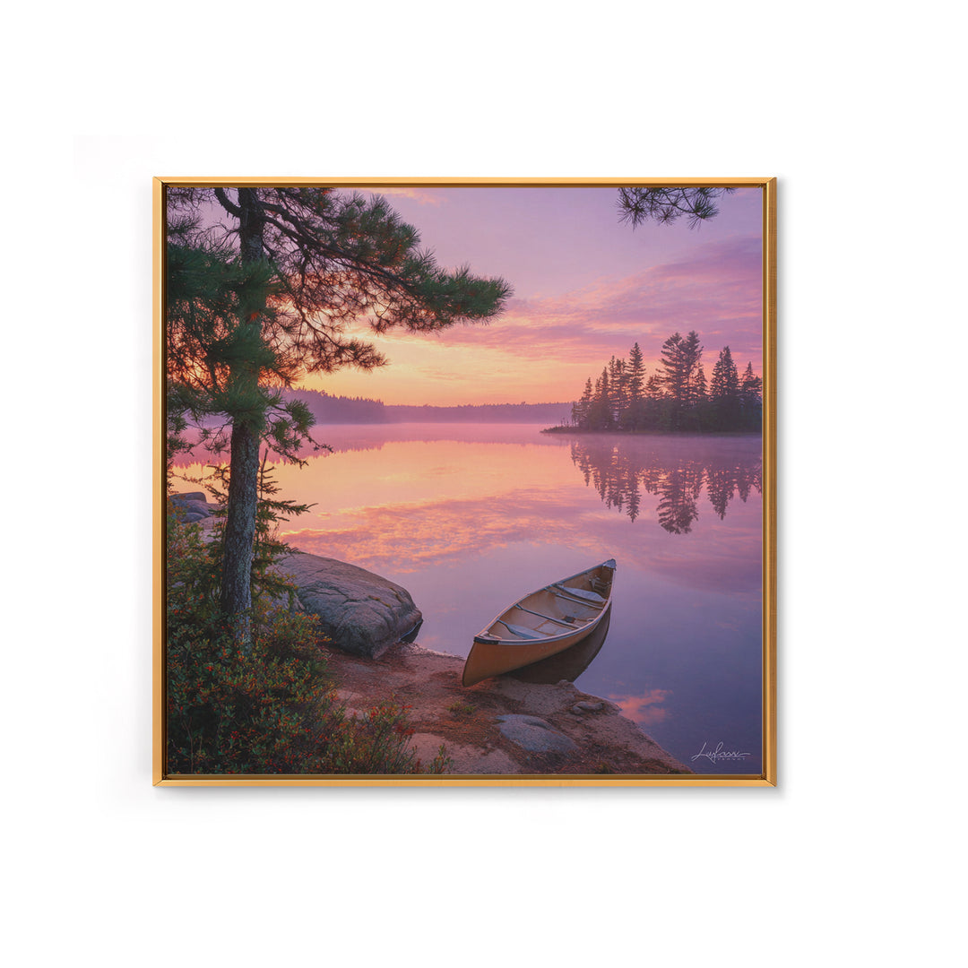 Canoe At Sunrise Lake Wall Art, Tranquil Morning Landscape Canvas Print, Nature Photography For Cabin Or Living Room Decor