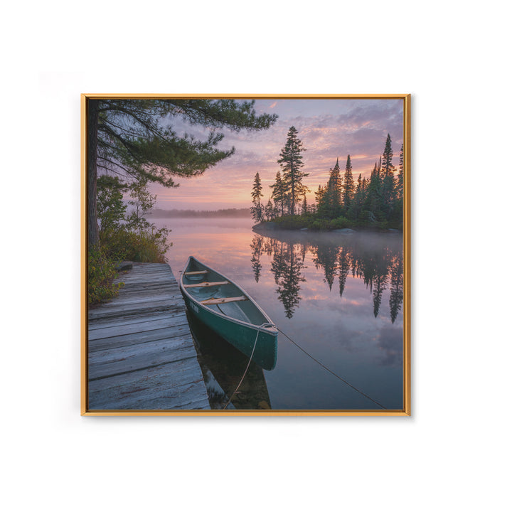 Tranquil Canoe At Sunrise Lake Landscape Wall Art Print, Serene Nature Photography, Cabin Rustic Home Decor Wall Art