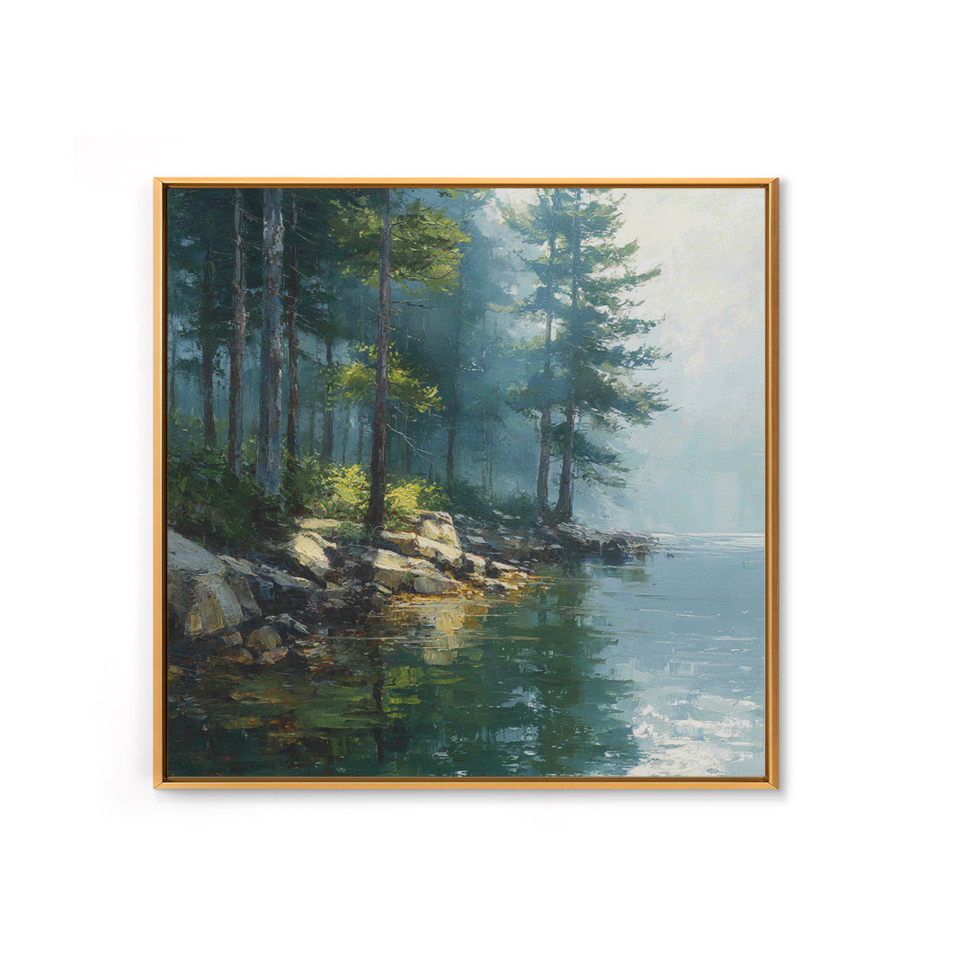 Misty Forest Lake Landscape Wall Art, Tranquil Nature Painting, Cabin Retreat Decor, Large Coastal Forest Canvas Print