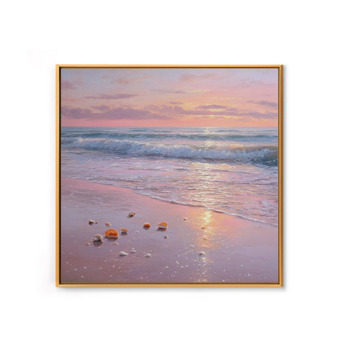 Pastel Sunset Ocean Shore With Seashells Canvas Print, Pink Coastal Wall Art, Beach House Decor, Calming Seascape, Living Room Wall Decor