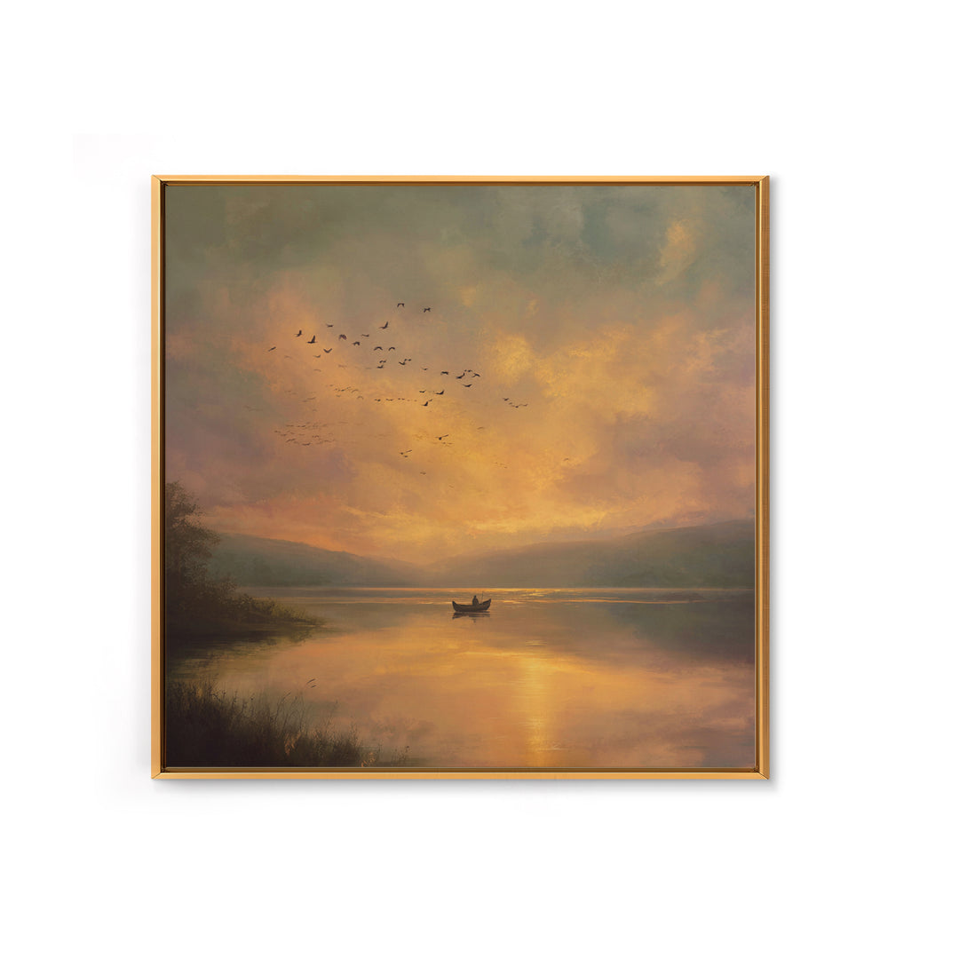 Golden Sunset Rowboat Landscape Wall Art, Romantic Lake Canvas Print For Cozy Living Room Decor And Bedroom Wall