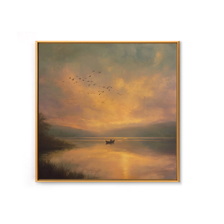 Golden Sunset Rowboat Landscape Wall Art, Romantic Lake Canvas Print For Cozy Living Room Decor And Bedroom Wall