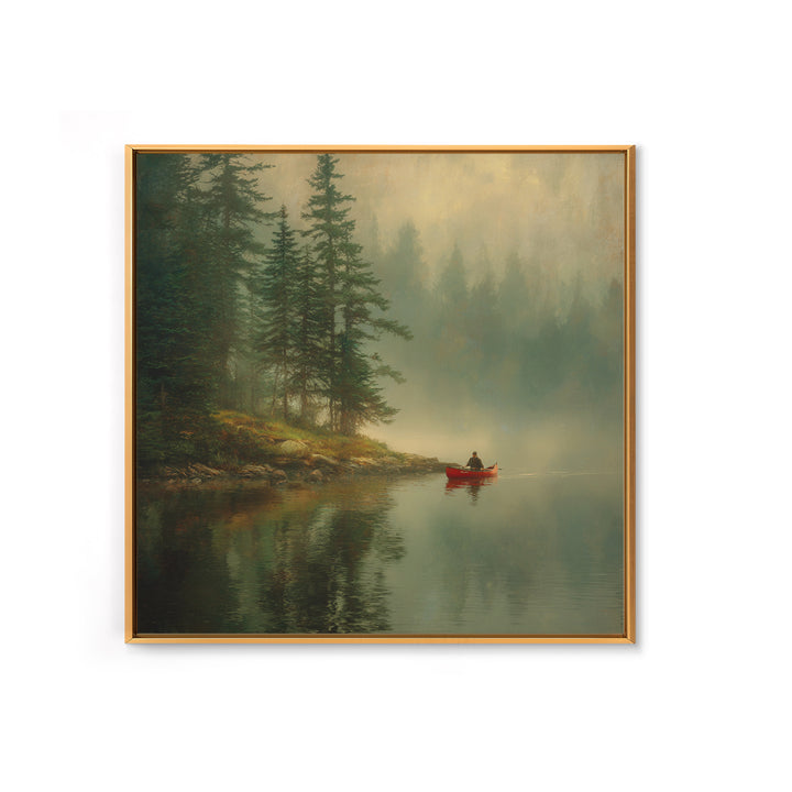 Misty Forest Lake With Red Canoe Wall Art, Peaceful Morning Landscape Canvas Print, Cozy Cabin Decor Artwork
