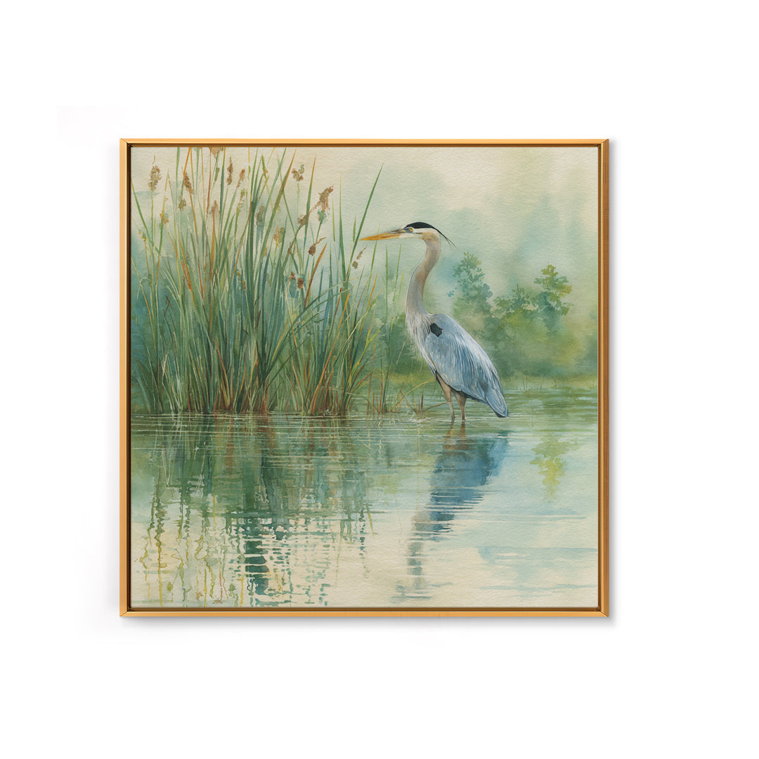 Heron Marsh Watercolor Wall Art, Nature Bird Canvas Print, Tranquil Coastal Landscape Art For Bathroom Or Living Room
