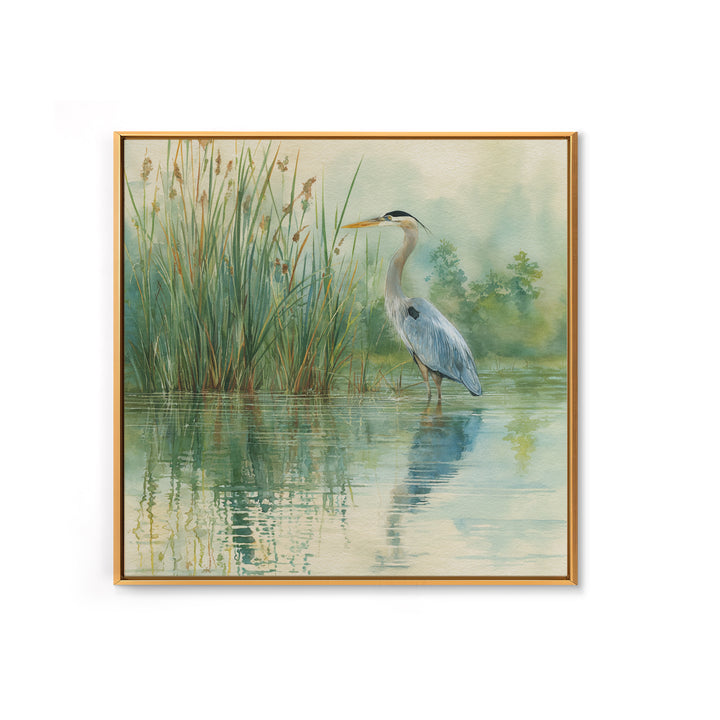 Heron Marsh Watercolor Wall Art, Nature Bird Canvas Print, Tranquil Coastal Landscape Art For Bathroom Or Living Room