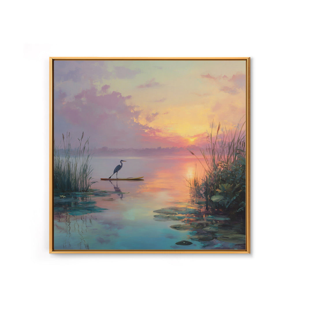 Pastel Lake Sunrise Heron Reeds And Lilies Landscape Wall Art Canvas Print Calming Nature Home Decor Bedroom Wall Art