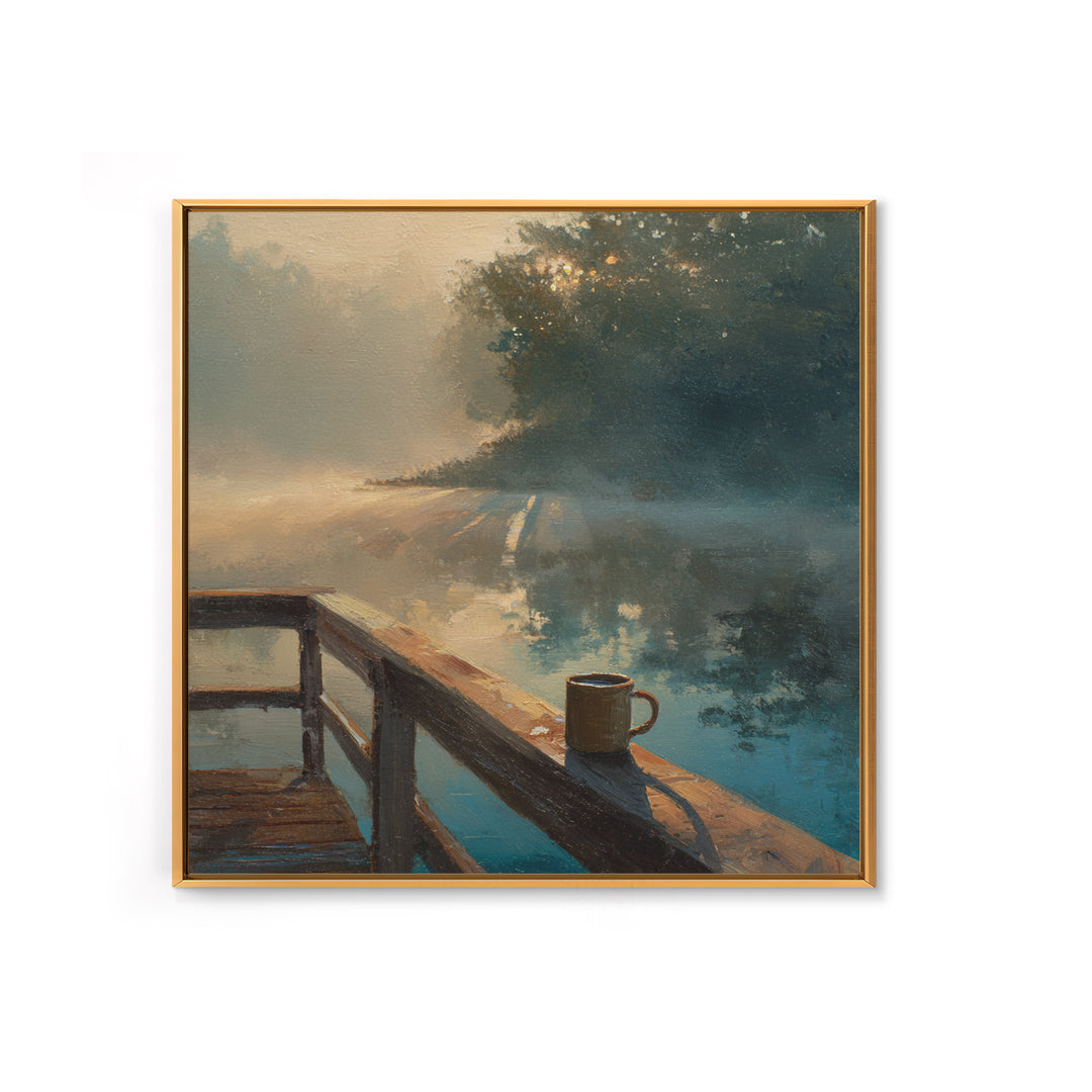 Misty Lake Morning Dock Wall Art, Coffee Mug By Water, Calming Landscape Canvas Print For Bedroom Or Living Room Decor