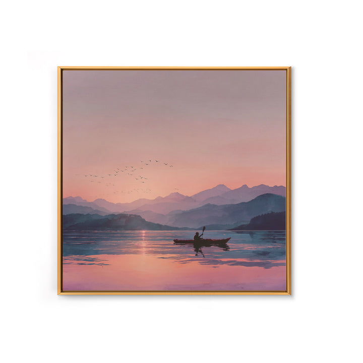 Serene Kayak At Pink Mountain Sunrise Landscape Wall Art, Calming Lake Painting, Nature Home Decor Canvas Print