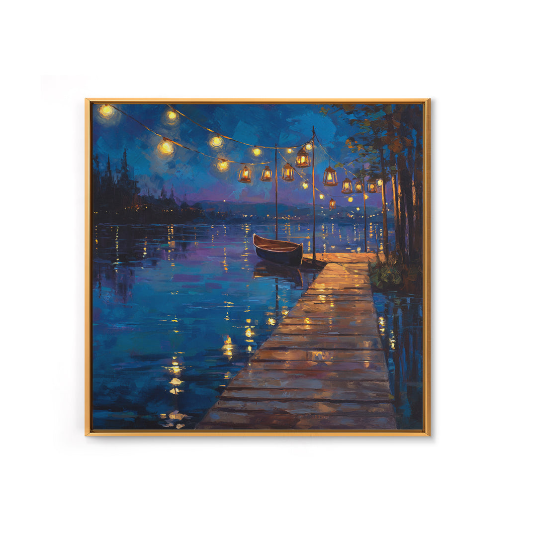 Romantic Lakeside Dock At Night Boat Lights Reflections Wall Art Canvas Print Modern Coastal Home Decor Living Room Wall Art