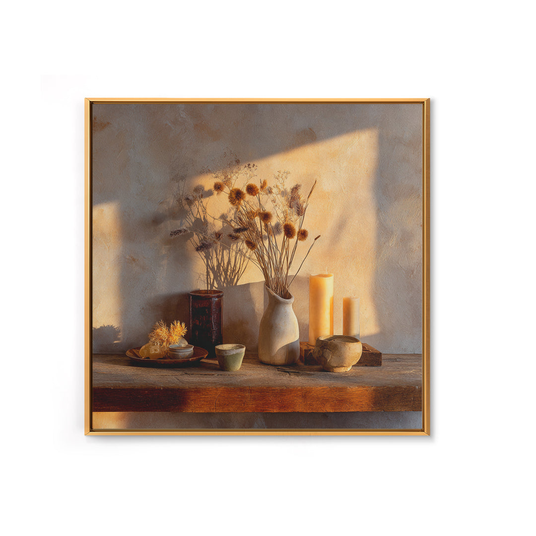 Rustic Dried Flower Still Life With Candles Wall Art, Neutral Wabi Sabi Decor, Farmhouse Shelf Fine Art Print, Warm Earth Tone Home Decor