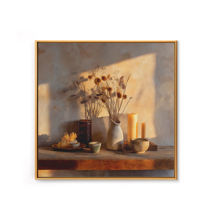 Rustic Dried Flower Still Life With Candles Wall Art, Neutral Wabi Sabi Decor, Farmhouse Shelf Fine Art Print, Warm Earth Tone Home Decor