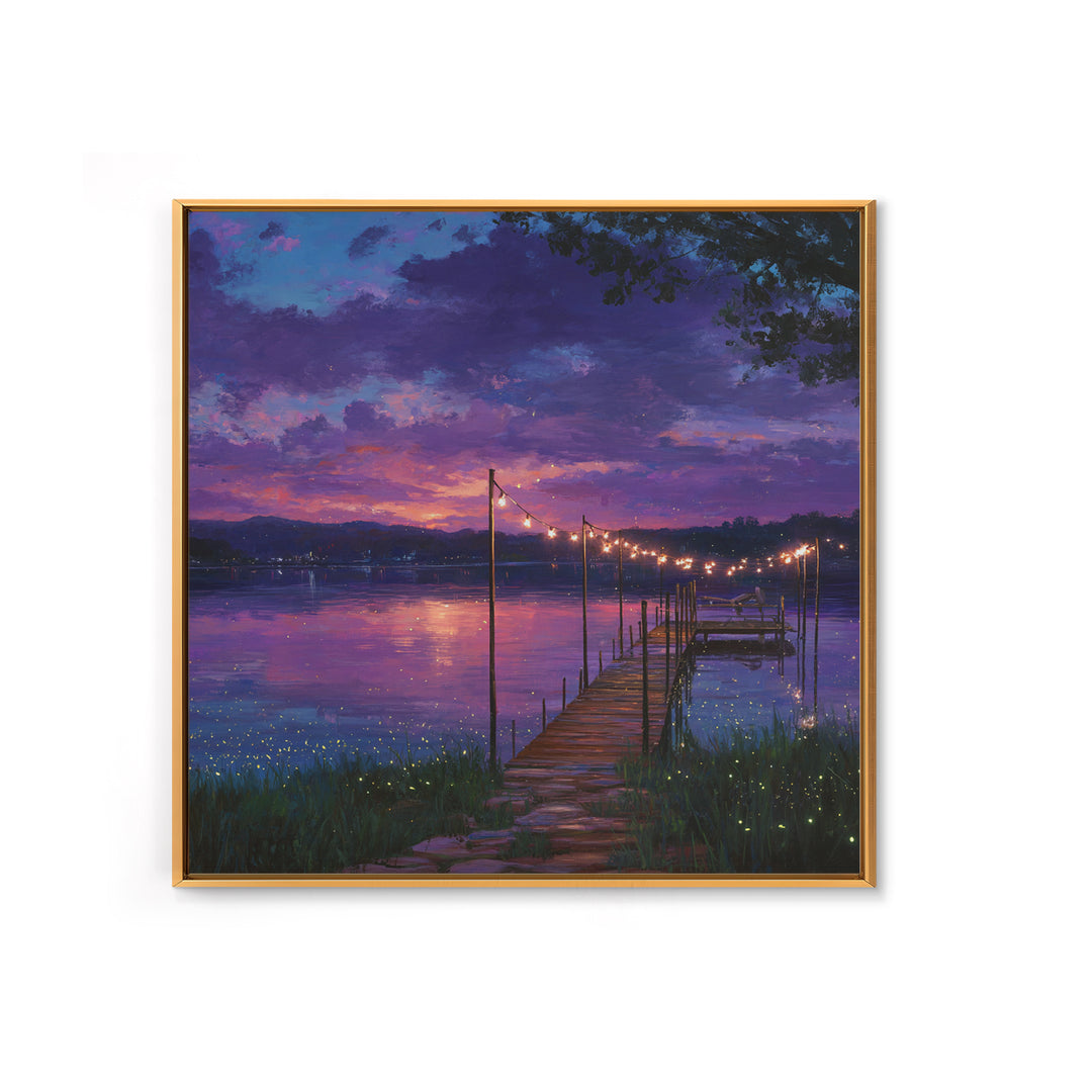 Magical Lakeside Dock At Twilight Wall Art, Firefly Lake Sunset Painting, Calming Landscape Canvas Print Home Decor