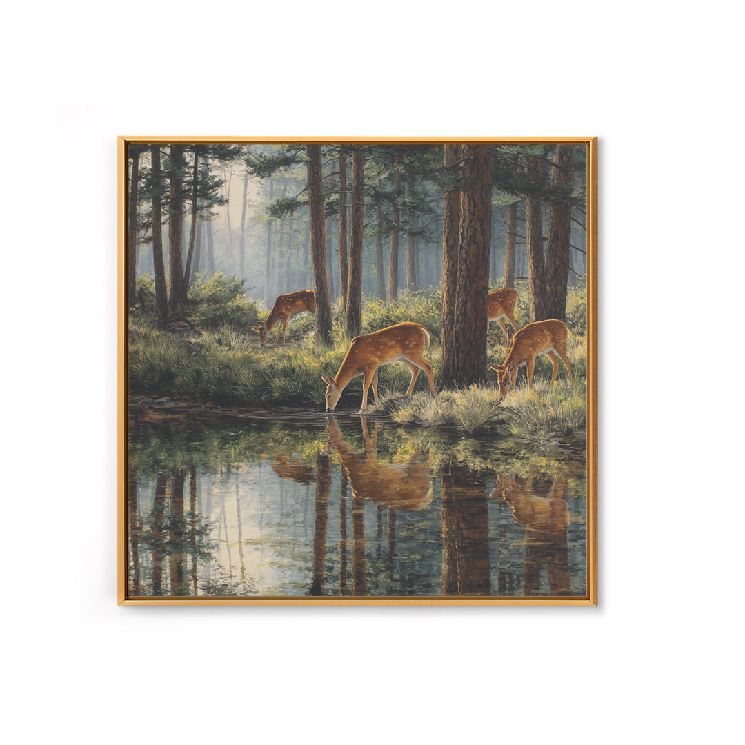 Deer Drinking At Forest Lake Wall Art, Peaceful Wildlife Landscape Canvas Print, Rustic Cabin Decor, Nature Inspired Living Room Art