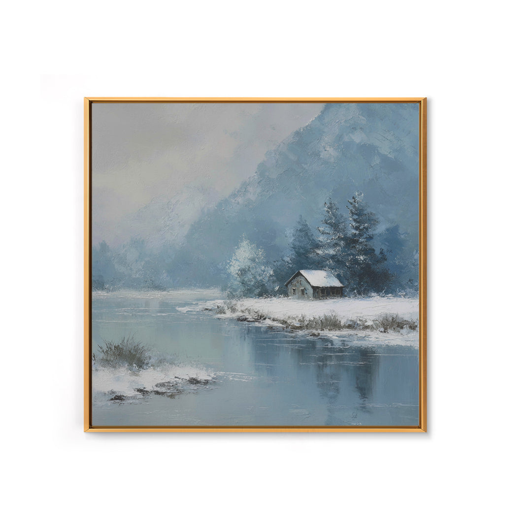 Winter Cabin By Lake Wall Art, Snowy Mountain Landscape Canvas Print, Cozy Rustic Home Decor For Living Room Or Cabin